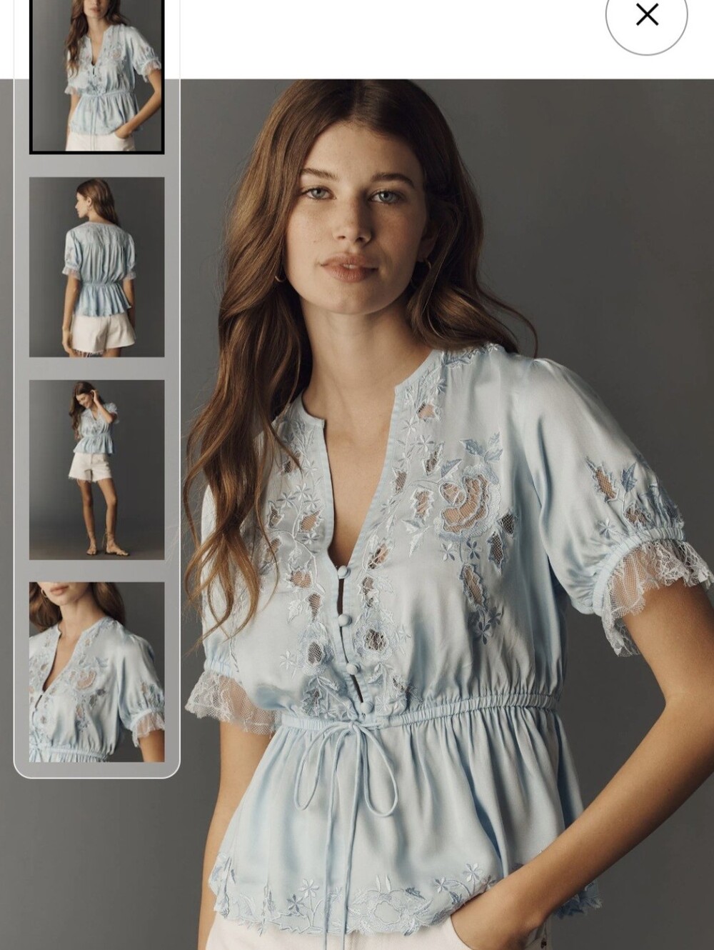 Anthropologie Light Blue Embroidered Peplum Women's Top LARGE